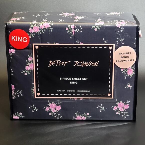 Betsey Johnson Flower Dreams Microfiber Black Pink Floral Print King She…